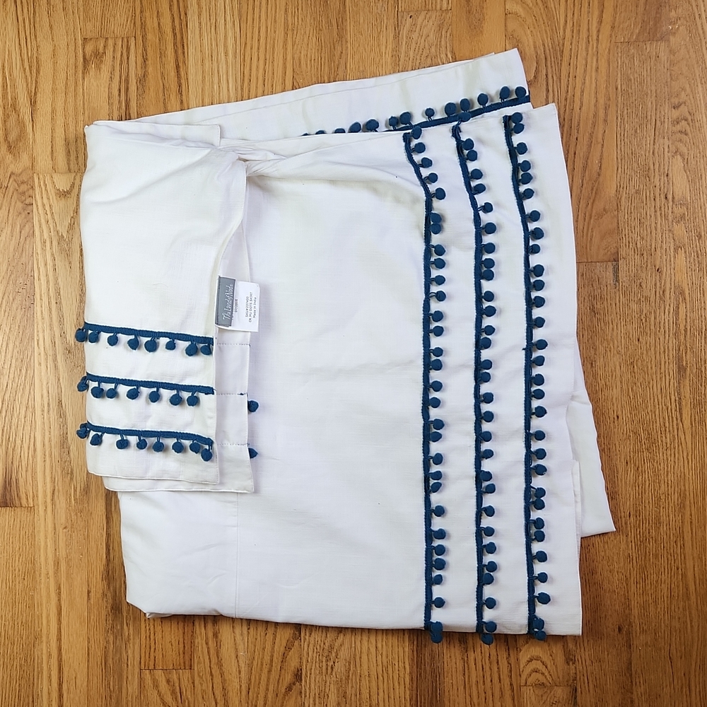 Land of Nod crib/toddler pom pom trim Dots bed skirt/dust ruffle